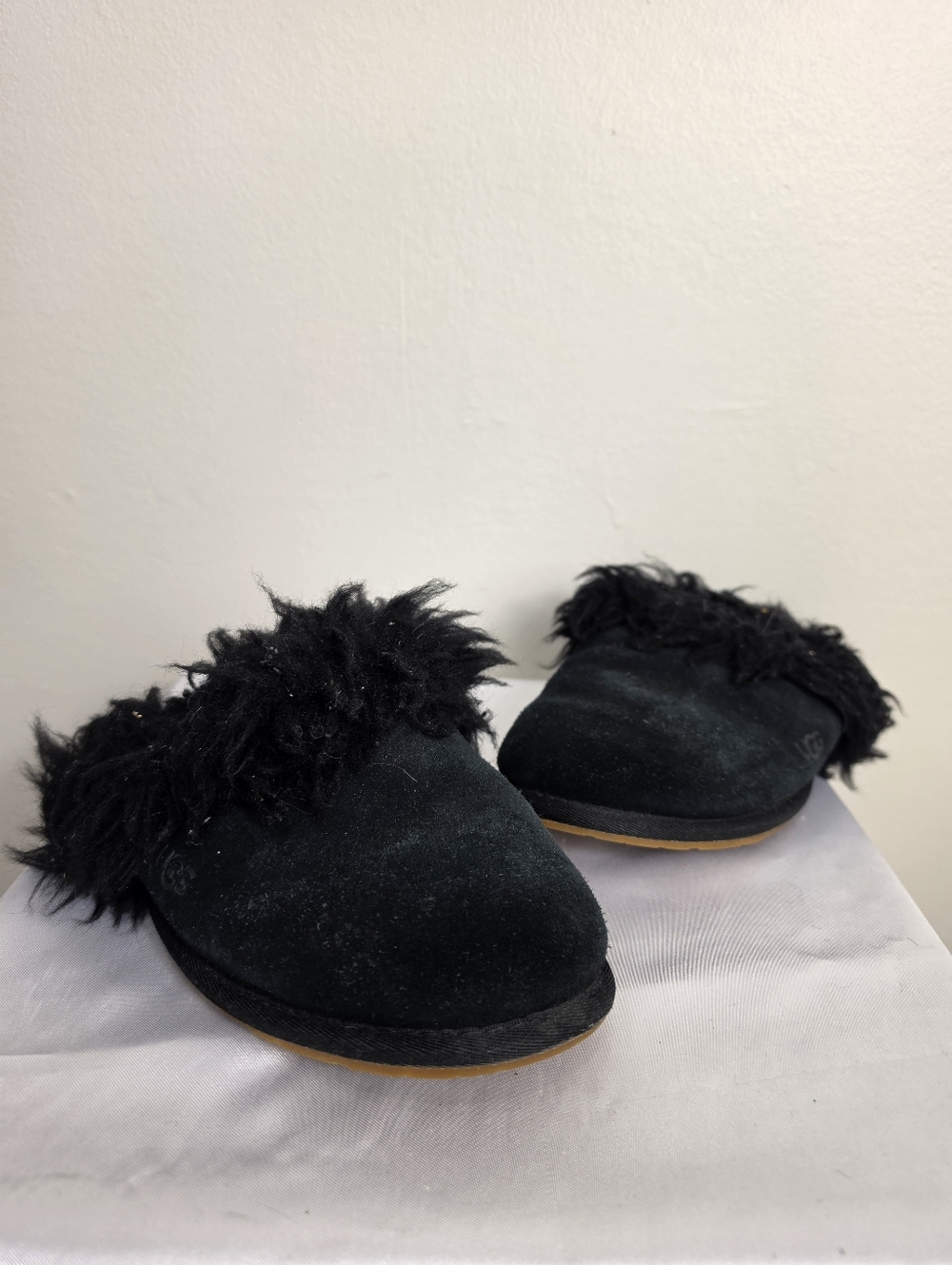 UGG Black Suede Slip-On Slippers with Plush Fur Cuff